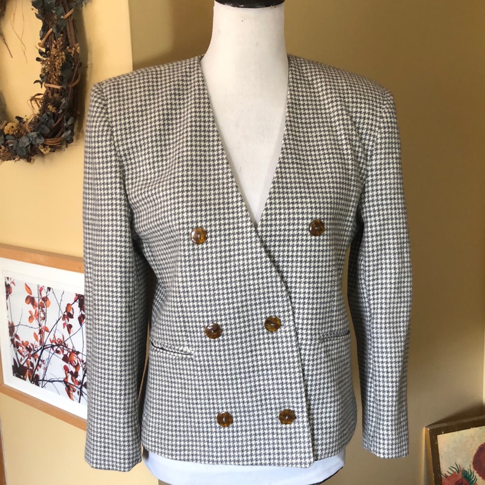 Vtg 90s Y2K DAVID N Houndstooth Plaid Wool Blazer Soft Gray & Ecru Crop DoubleB